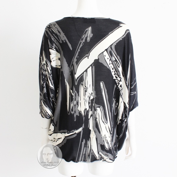 Emilio Pucci Top Batwing Sleeve Wool Blend Abstract Black White Gray Beige US 10 - Picture 5 of 9